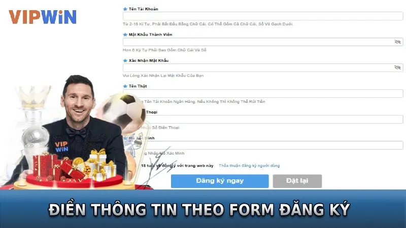 Điền thông tin vào form để đăng ký VIPWIN